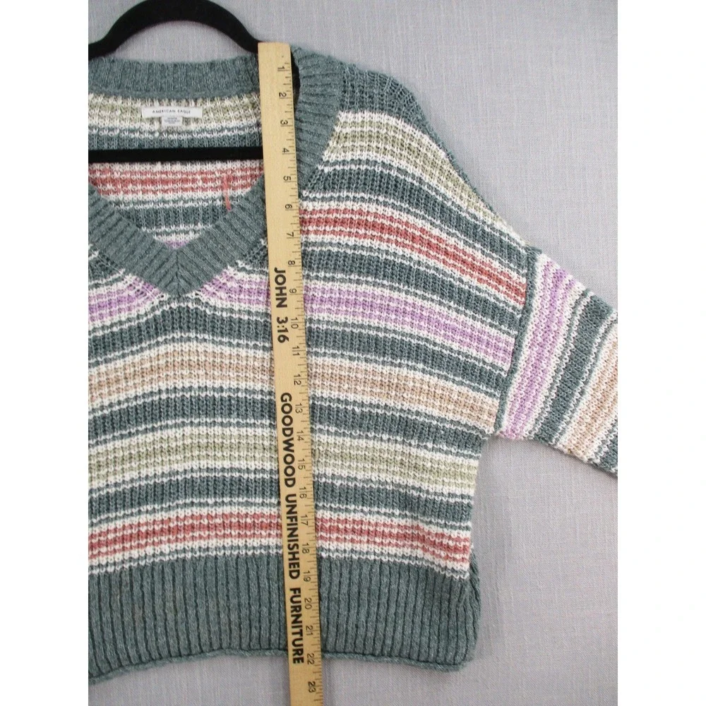 American Eagle Striped V-Neck Sweater Womens Medium Green Pink Knit Pullover